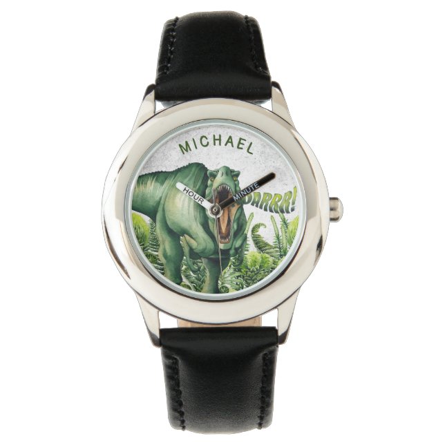 Gepersonaliseerde Waterverf T-Rex Dinosaur Kindere Horloge (Voorkant)