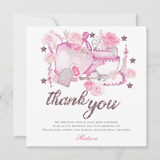 Gepersonaliseerde Waterverf Tea Party Glitter Bedankkaart (Voorkant)