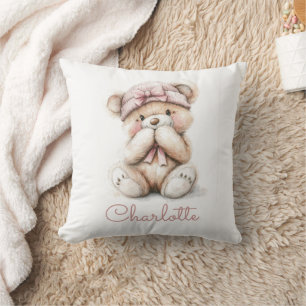 Gepersonaliseerde Waterverf Teddy Bear Girl Pink B Kussen