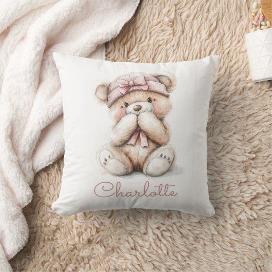 Gepersonaliseerde Waterverf Teddy Bear Girl Pink B Kussen (Deken)