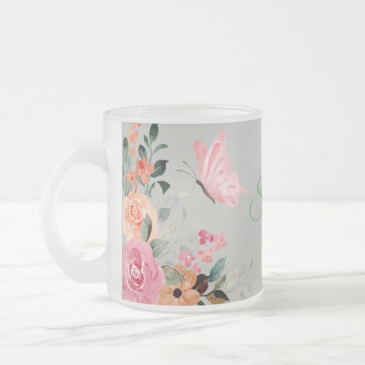 Gepersonaliseerde Waterverf Vlinders en Bloemen Matglas Koffiemok (Links)