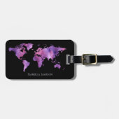 Gepersonaliseerde Waterverf Wereldkaart Paarse en  Bagagelabel (Voorkant horizontaal)