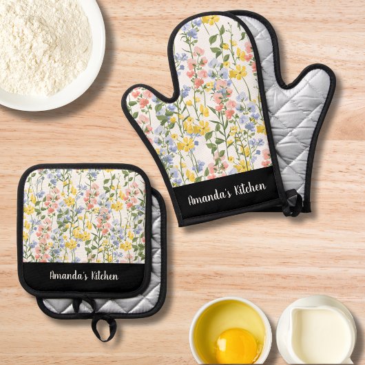 Gepersonaliseerde Waterverf Wildbloemen Stijlvol c Ovenwant & Pannenlap Set