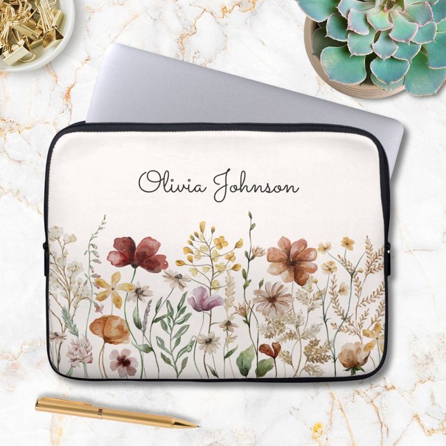 Gepersonaliseerde Waterverf Wildflower  Bloemen Laptop Sleeve (In situ)