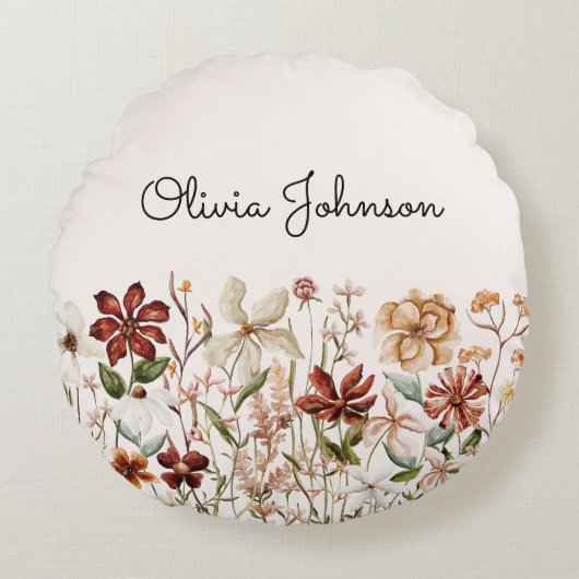 Gepersonaliseerde Waterverf Wildflower Bloemen Rond Kussen (Voorkant)