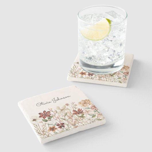 Gepersonaliseerde Waterverf  Wildflower Bloemen Stenen Onderzetter (Zijkant)