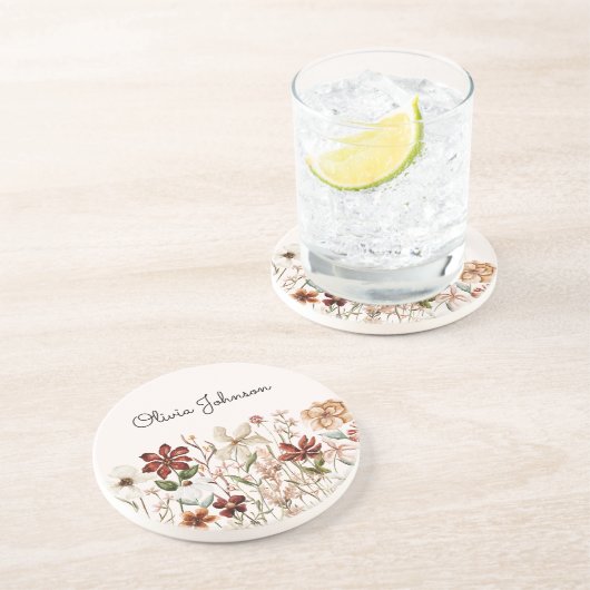 Gepersonaliseerde Waterverf  Wildflower Bloemen Zandsteen Onderzetter (Zijkant)