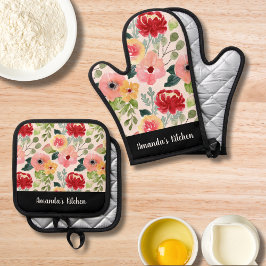 Gepersonaliseerde Waterverf Wildflower Boho Stijlv Ovenwant & Pannenlap Set
