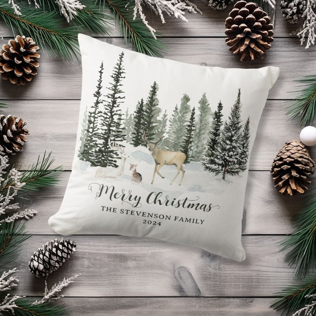 Gepersonaliseerde Waterverf Woodland Merry Christm Kussen (Personalized Watercolor Woodland Merry Christmas Throw Pillow)