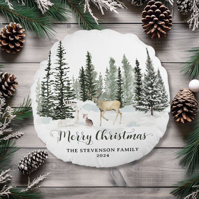 Gepersonaliseerde Waterverf Woodland Merry Christm Rond Kussen (Personalized Watercolor Woodland Merry Christmas Round Pillow)