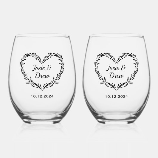 Gepersonaliseerde Wedding Couple's Naam & Datum Ha Wijnglas Zonder Voet (Voorkant)