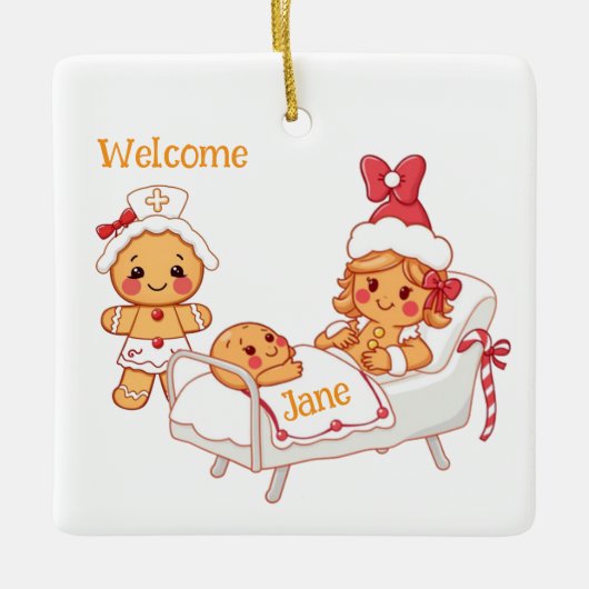 Gepersonaliseerde Welkom Nieuwe Gingerbread Baby Keramisch Ornament (Voorkant)
