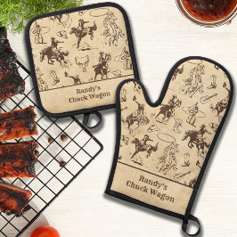 Gepersonaliseerde Westerne Rodeo Cowboy Ovenwant & Pannenlap Set
