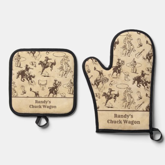 Gepersonaliseerde Westerne Rodeo Cowboy Ovenwant & Pannenlap Set (Voorkant)