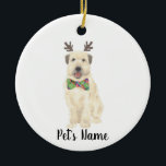 Gepersonaliseerde Wheaten Terrier Kerstrendier Keramisch Ornament<br><div class="desc">Ik ben verliefd op deze prachtig uitgewerkte waterverf-illustratie van een lachende tarweterriër met klein gewei en een stropdas voor de boeg! Personaliseer deze ornamenten en maak dit jaar de mooie lijst! Voor de perfecte cadeaus, combineer het met een bijpassend item uit het collectie voor een doordachte housewarming, vrijgezellenfeest, docent, schoonmoeder,...</div>
