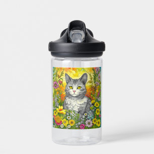 Gepersonaliseerde Whimsical Kat en Bloemen Waterfles