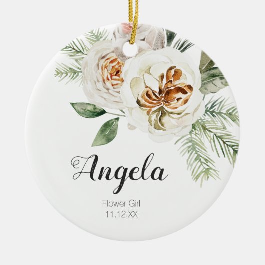 Gepersonaliseerde White Bloemenmeisje Christmas Keramisch Ornament (Voorkant)