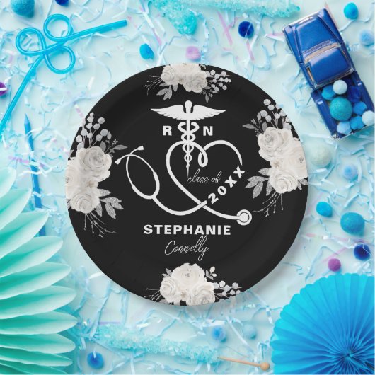 Gepersonaliseerde White Floral RN Verpleegschool A Papieren Bordje (Feest)