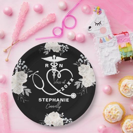 Gepersonaliseerde White Floral RN Verpleegschool A Papieren Bordje (Feest)