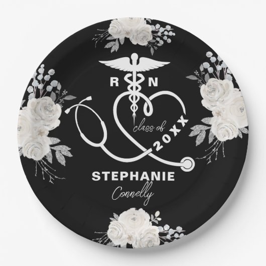 Gepersonaliseerde White Floral RN Verpleegschool A Papieren Bordje (Voorkant)