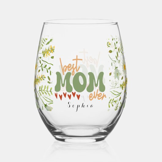 Gepersonaliseerde wilde bloemen beste moeder ooit wijnglas zonder voet (Voorkant)