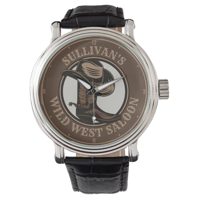 Gepersonaliseerde Wilde West Saloon Westerne Cowbo Horloge (Voorkant)