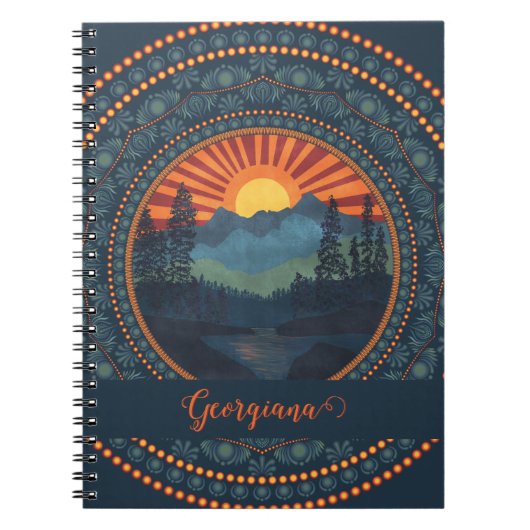 Gepersonaliseerde  wildernis Sunset Dot Mandala Notitieboek (Voorkant)