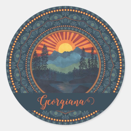 Gepersonaliseerde  wildernis Sunset Dot Mandala Ronde Sticker (Voorkant)