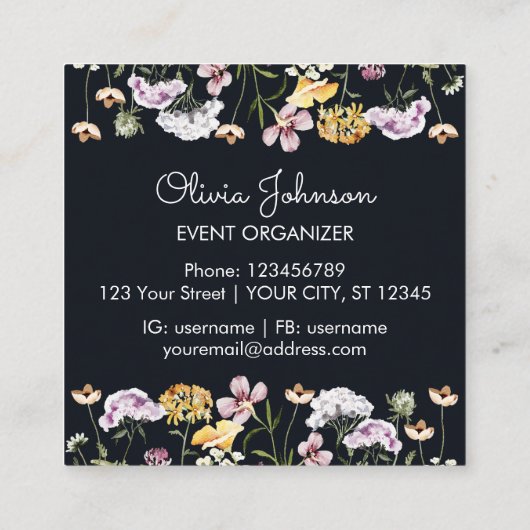 Gepersonaliseerde Wildflower Garden Square Vierkante Visitekaartje (Achterkant)