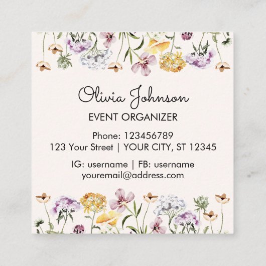 Gepersonaliseerde Wildflower Garden Square Vierkante Visitekaartje (Achterkant)