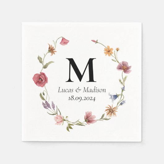 Gepersonaliseerde Wildflower Monogram Bruiloft Ser Servet (Voorkant)