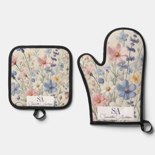 Gepersonaliseerde Wildflower Oven Mitt & Pot Houde Ovenwant & Pannenlap Set (Voorkant)