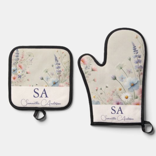 Gepersonaliseerde Wildflower Oven Mitt & Pothouder Ovenwant & Pannenlap Set (Voorkant)