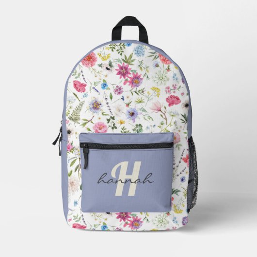 Gepersonaliseerde Wildflower Paarse Monogram Bedrukte Rugzak (Voorkant)
