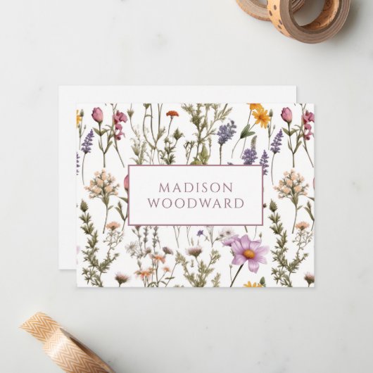 Gepersonaliseerde Wildflower Waterverf Notitiekaartje (Voorkant / Achterkant in situ)