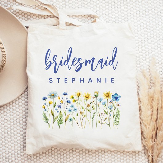Gepersonaliseerde Wildflowers Blauw Script Bruidsm Tote Bag