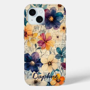 Gepersonaliseerde Wildflowers Paarse & Sinaasappe iPhone 15 Case