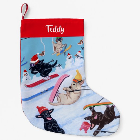 Gepersonaliseerde Winter Fun Kerstmis Skien Labrad Kleine Kerstsok (Voorkant)