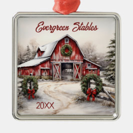 Gepersonaliseerde winter rustieke rode schuur kers metalen ornament