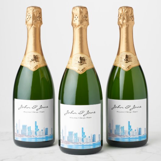 Gepersonaliseerde Wintery Chicago Skyline Sparklin Sparkling Wijnetiket (Flessen)
