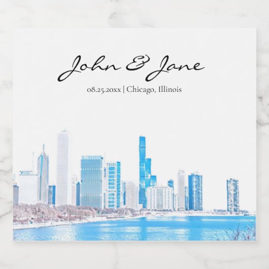 Gepersonaliseerde Wintery Chicago Skyline Sparklin Sparkling Wijnetiket (Enkel label)