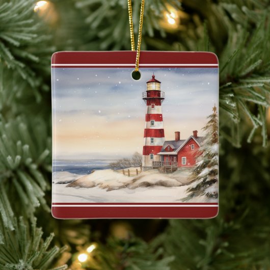 Gepersonaliseerde Wintery Vuurtoren Nautische Kers Keramisch Ornament (Boom)