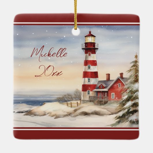Gepersonaliseerde Wintery Vuurtoren Nautische Kers Keramisch Ornament (Achterkant)