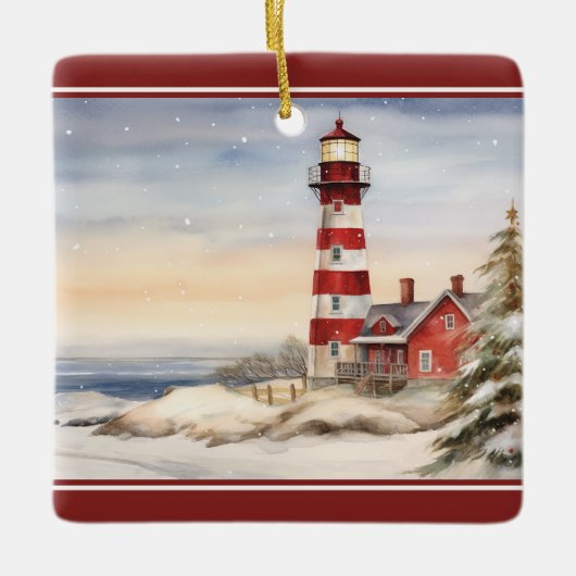 Gepersonaliseerde Wintery Vuurtoren Nautische Kers Keramisch Ornament (Voorkant)