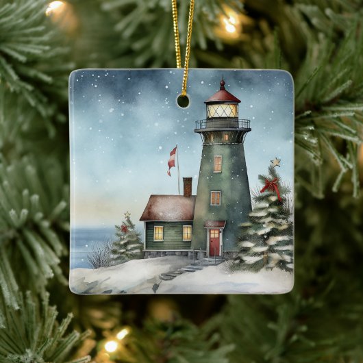 Gepersonaliseerde Wintery Vuurtoren Nautische Kers Keramisch Ornament (Boom)