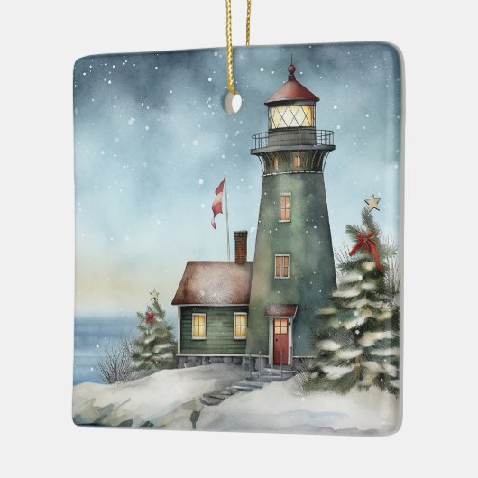 Gepersonaliseerde Wintery Vuurtoren Nautische Kers Keramisch Ornament (Links)