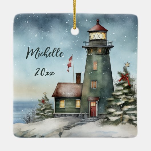 Gepersonaliseerde Wintery Vuurtoren Nautische Kers Keramisch Ornament (Achterkant)