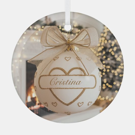 Gepersonaliseerde Wit Goud Kerstbal Glas Ornament (Voorkant)