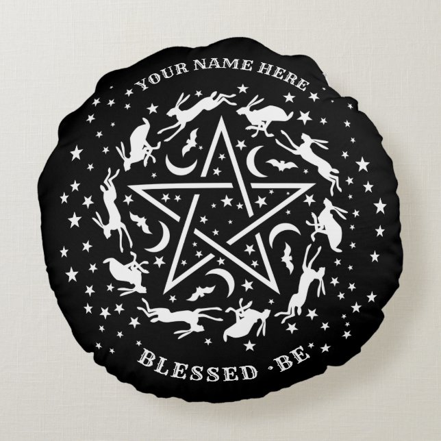 Gepersonaliseerde Witchcraft Haas Pentagram Gothic Rond Kussen (Achterkant)