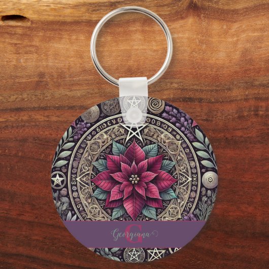 Gepersonaliseerde Witchy Poinsettia Pentagram Mand Sleutelhanger (Voorkant)
